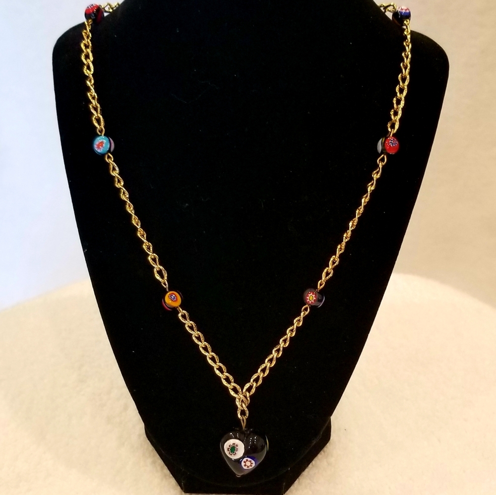 Rare Vintage Murno Glass "Millefiori" Gold Chain With Multicolor Glass Beads.30" - Picture 1 of 4
